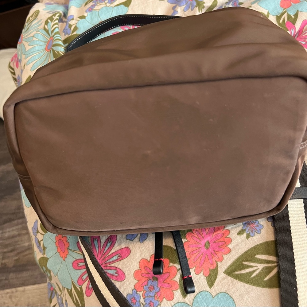 Frances Valentine Brown fabric Black leather trim Drawstring bucket crossbody - Picture 6 of 11